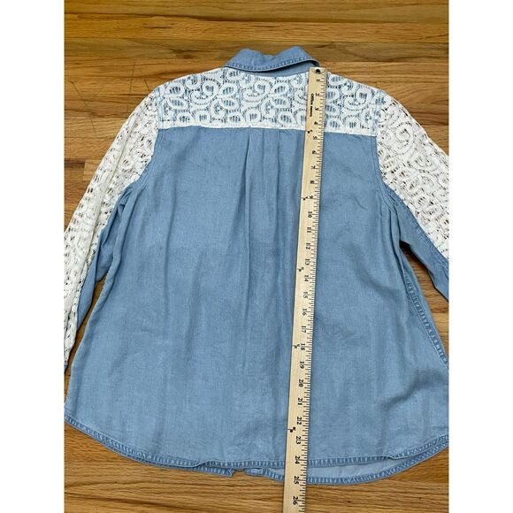 9-H15 STCL Anthropologie Women's 6 Blue Button-Up Chambray Shirt Postmark Boho - Picture 8 of 10